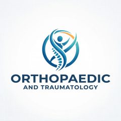 orthopedic and traumatology medical logo featuring a stylized human figure and spinal column design in blue and orange